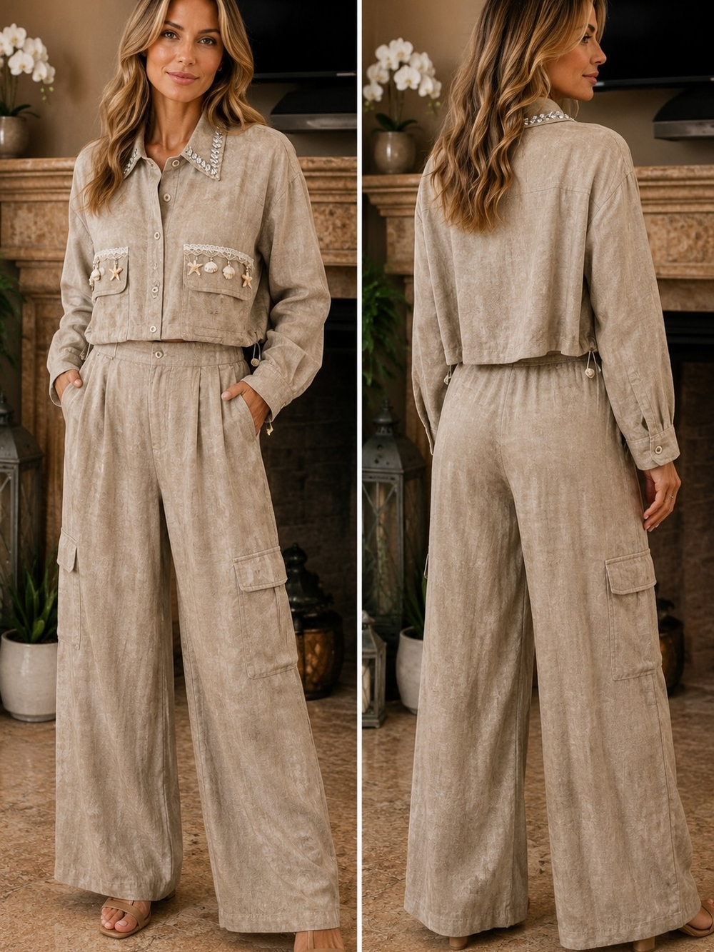SO Wide-Leg Cargo Linen Blend Pants in Khaki Brown